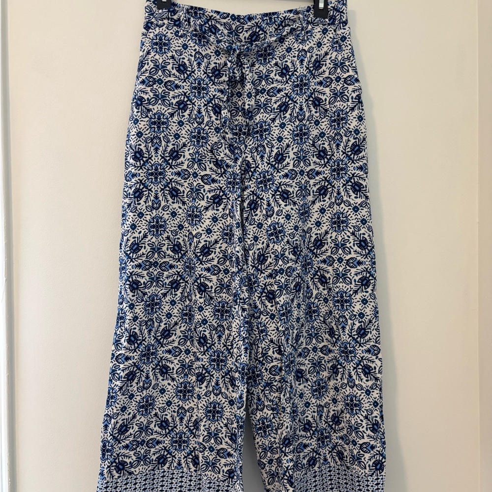 Joie White and Blue Botanical-Print Drawstring Pants